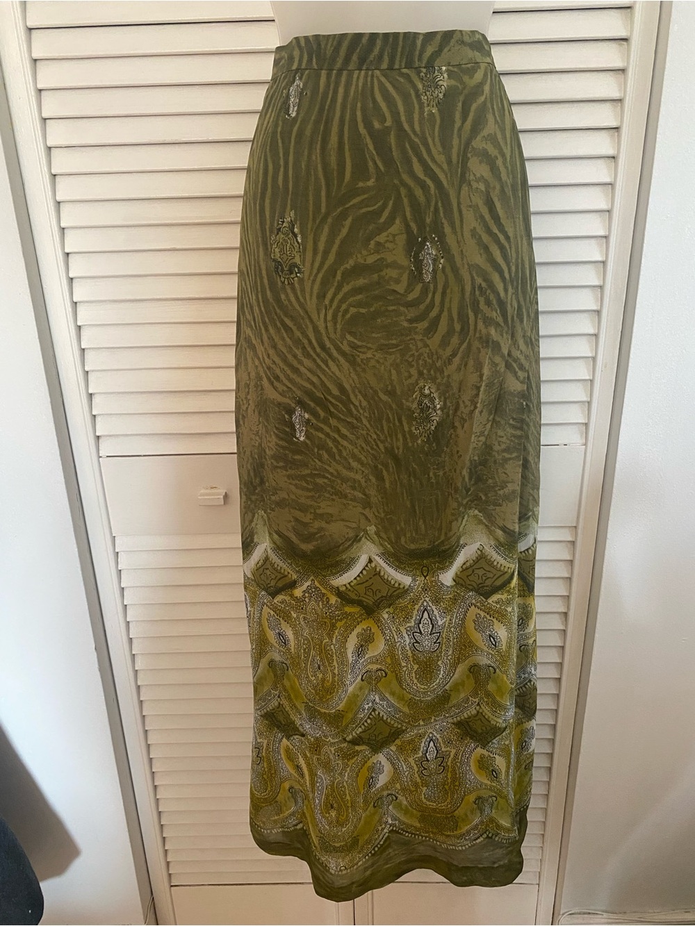 Olive Green Patterned Maxi Skirt with Paisley Border